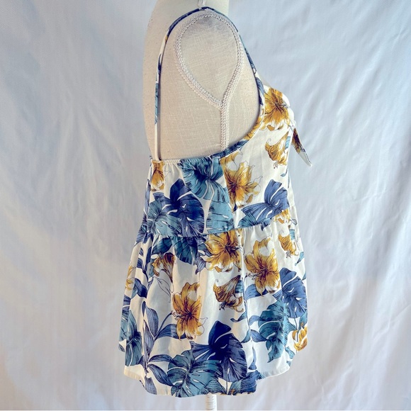 Vine & Love Brand—Blue & Gold Leaf Print Top with Spaghetti Straps/Knotted Front - Picture 3 of 6